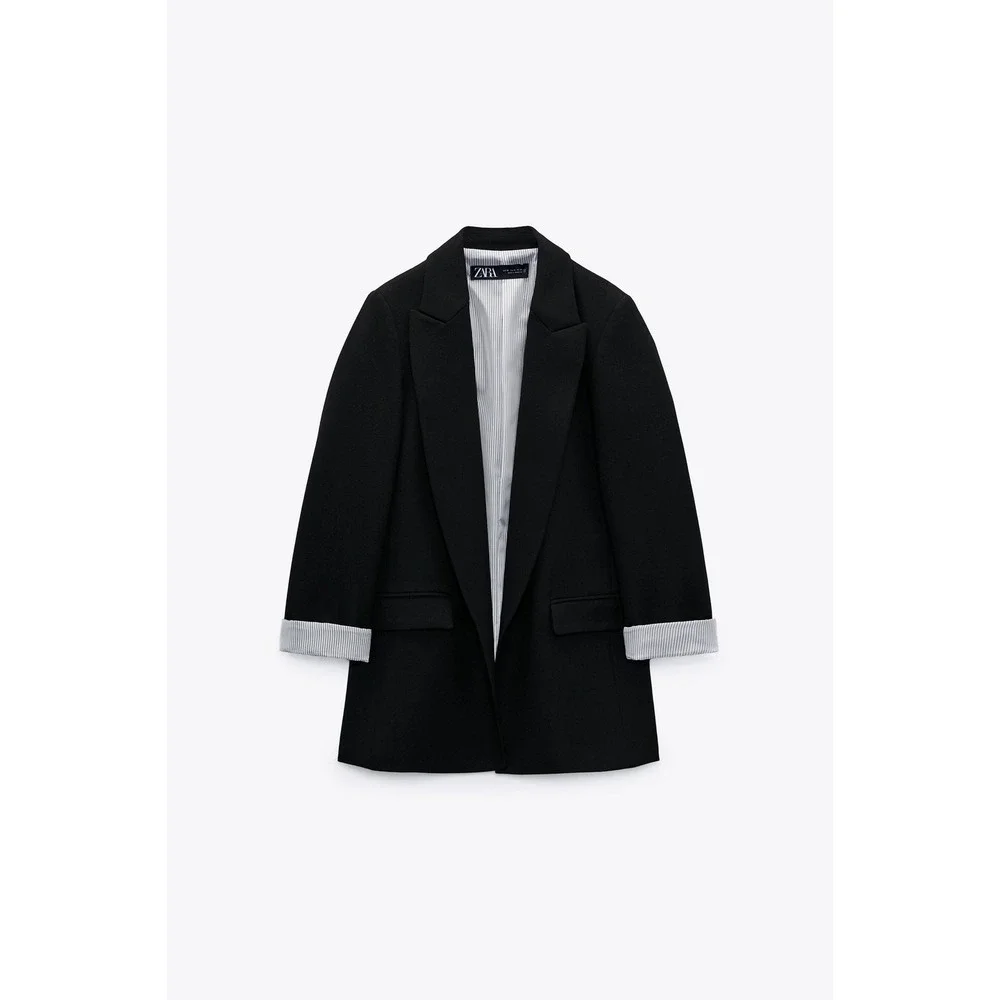 NEW‎ Zara Printed Cuff Blazer in Black Size XS